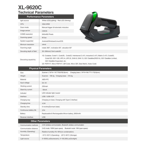 Barcodescanner | XL-9620C | Mobiel (Draadloos) | 2D-Laser | 60/sec | USB | 148x63x91(h)mm