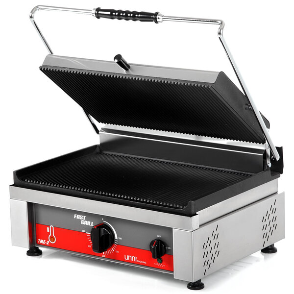 Contact-/Paninigrill | FAST GRILL | Enkel XL | Gegroefd Oppervlak 460x300 (Gietijzer) | 50°C/300°C | 3kW (230V) | 510x500x300(h)mm