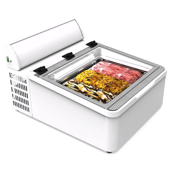 Schepijsvitrine | MINI CREAM | Energiezuinig | Wit | 3x 5L | -10°C/-22°C | Statisch | Scharnier Achter | 654x790x345(h)mm