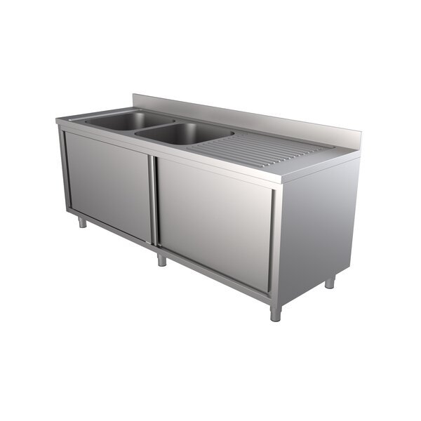 Spoeltafel | RVS | 2 Spoelbakken Midden + Achteropstand  + Schuifdeuren | 2000x700x850(h)mm