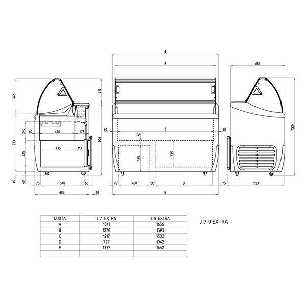 Schepijsvitrine | J EXTRA | 423L | 9x 5L | -15°C/-20°C | Statisch | Gekoelde Reserve | Wielen | 1656x723x1253(h)mm