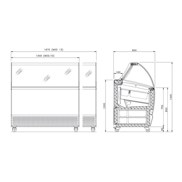 Schepijsvitrine | BERMUDA | 300L | 10x 5L | -14°C/-20°C | Geforceerd | Gekoelde Reserve | Wielen | 1340x800x1343(h)mm