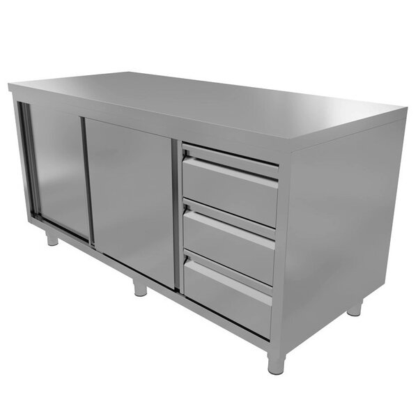 Werkbank | RVS | Schuifdeuren + Laden (Rechts) | Diepte 600 | Hoogte 850/900 | Breedte 1200-2000