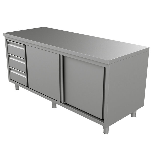 Werkbank | RVS | Schuifdeuren + Laden (Links) | Diepte 600 | Hoogte 850/900 | Breedte 1200-2000