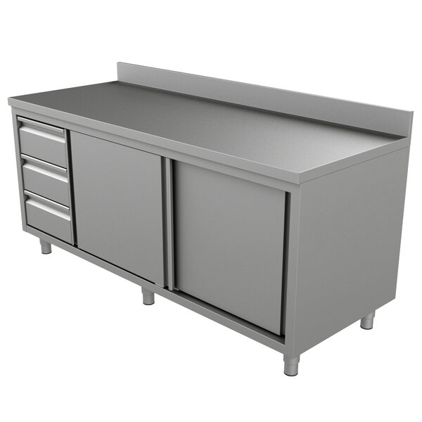 Werkbank | RVS | Schuifdeuren + Laden (Links) | Diepte 600 | Hoogte 850/900 | Breedte 1200-2000 | Achteropstand