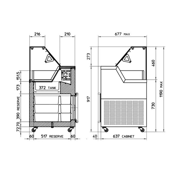 Schepijsvitrine | MIRABELLA | 329L | 7x 5L | -5°C/-20°C | Statisch | Gekoelde Reserve | Wielen | 1337x677x1190(h)mm