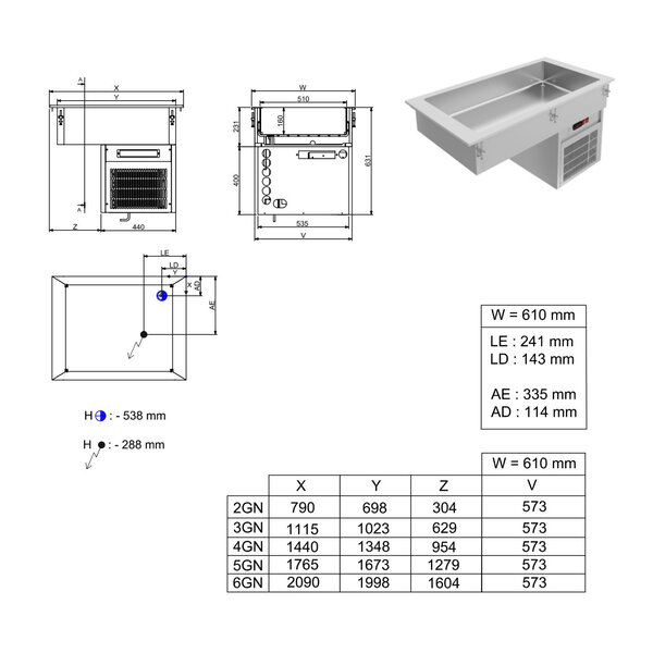 Inbouw-Element | Gekoelde Kuip (4x 1/1 GN) | +2°C/+8°C | Statisch | 230V | 1440x610x632(h)mm
