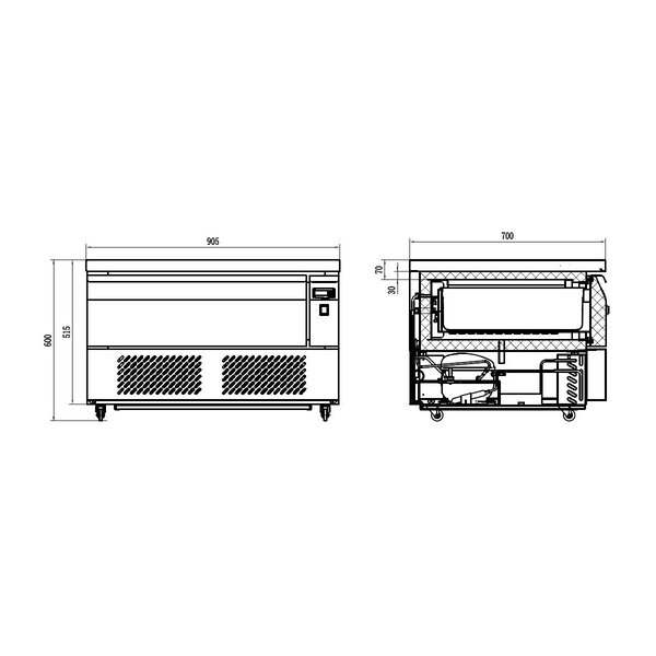 Koel-/Vrieswerkbank | Laag Model | 78L | 1 Lade (2x 1/1 GN) | -18°C/-21°C & +1°C/+4°C | Geforceerd | Wielen (Geremd) | 905x700x600(h)mm