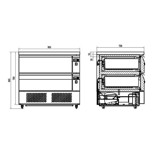 Koel-/Vrieswerkbank | 179L | 2 Laden (4x 1/1 GN) | -18°C/-21°C & +1°C/+4°C | Geforceerd | Wielen (Geremd) | 905x700x865(h)mm