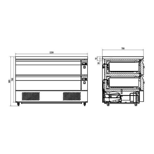 Koel-/Vrieswerkbank | 265L | 2 Laden (6x 1/1 GN) | -18°C/-21°C & +1°C/+4°C | Geforceerd | Wielen (Geremd) | 1230x700x865(h)mm