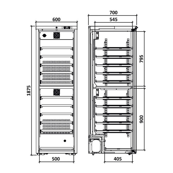 Wijnkoelkast | EXCLUSIVE | 462L (169x 75cl) | Zwart | 2 Zones | +5°C/+20°C | Geventileerd | 0.13kW | Wielen | 600x700x1865(h)mm