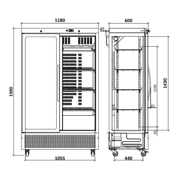 Wijnkoelkast | SERVICE LINE | 664L (260x 75cl) | Zwart | 1 Zone | +3°C/+20°C | Geventileerd | 0.24kW | Wielen (Geremd) | 1180x645x1980(h)mm