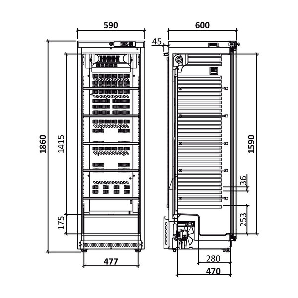 Wijnkoelkast | SERVICE LINE | 356L (112x 75cl) | Zwart | 1 Zone | +3°C/+20°C | Geventileerd | 0.24kW | Wielen | 590x645x1860(h)mm