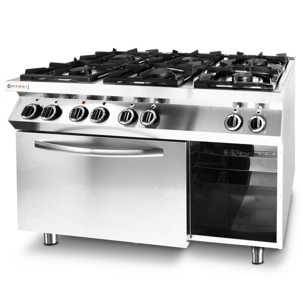 Fornuis + Heteluchtoven | KitchenLine | Gas/Elektrisch | 6 Branders (28.5kW) | Oven 1/1 GN (3kW-230V) | Open Vak | 1200x700x900(h)mm