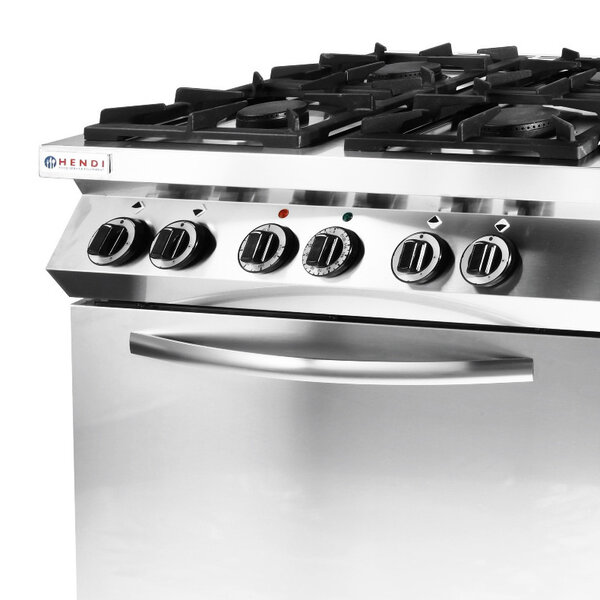 Fornuis + Heteluchtoven | KitchenLine | Gas/Elektrisch | 6 Branders (28.5kW) | Oven 1/1 GN (3kW-230V) | Open Vak | 1200x700x900(h)mm