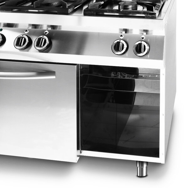 Fornuis + Heteluchtoven | KitchenLine | Gas/Elektrisch | 6 Branders (28.5kW) | Oven 1/1 GN (3kW-230V) | Open Vak | 1200x700x900(h)mm