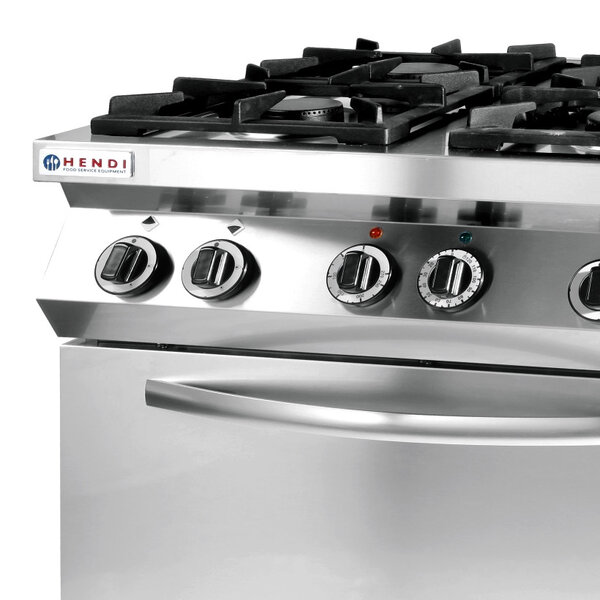 Fornuis + Heteluchtoven | KitchenLine | Gas/Elektrisch | 4 Branders (2x 3.5kW + 2x 6kW) + 1/1 GN Oven (3kW-230V) | 800x700x900(h)mm