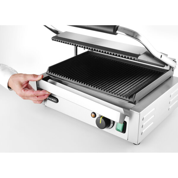 Contact-/Paninigrill | Enkel | Gegroefd Oppervlak 340x230 (Gietijzer) | 30°C/300°C | 2.2kW (230V) | 430x370x210(h)mm