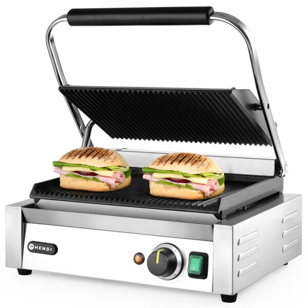 Contact-/Paninigrill | Enkel | Gegroefd Oppervlak 340x230 (Gietijzer) | 30°C/300°C | 2.2kW (230V) | 430x370x210(h)mm