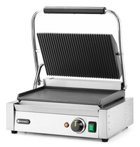 HENDI Contact-/Paninigrill | Enkel | Glad/Gegroefd Oppervlak 340x230 (Gietijzer) | 30°C/300°C | 2.2kW (230V) | 430x370x210(h)mm
