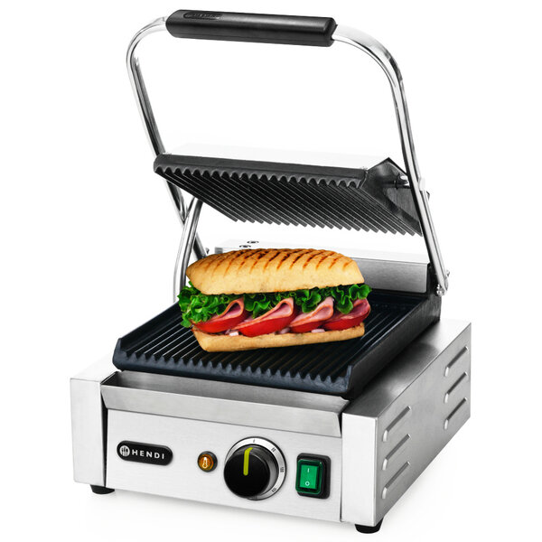 Contact-/Paninigrill | Enkel | Gegroefd Oppervlak 220x230 (Gietijzer) | 30°C/300°C | 1.8kW (230V) | 310x370x210(h)mm