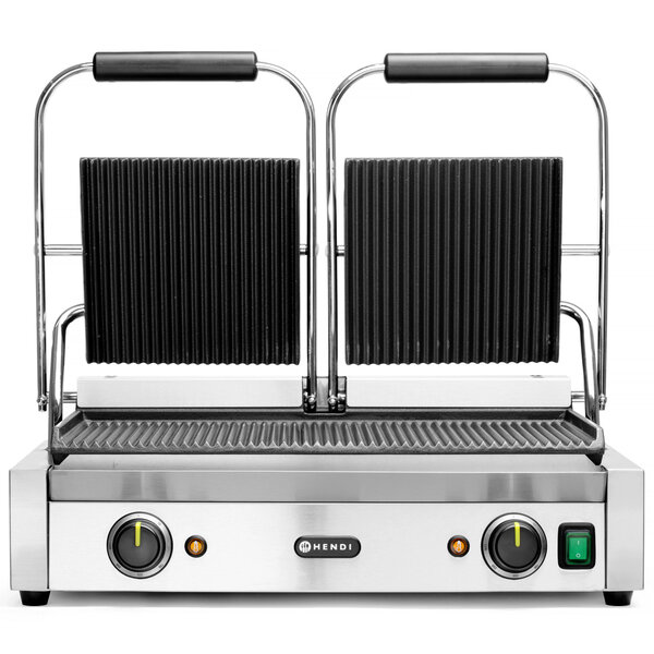 Contact-/Paninigrill | Dubbel | Gegroefd Oppervlak 475x230 (Gietijzer) | 30°C/300°C | 3.6kW (230V) | 570x370x210(h)mm