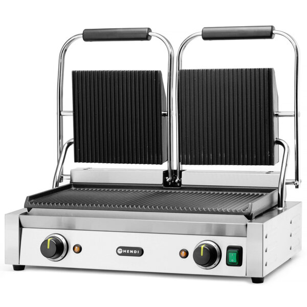 Contact-/Paninigrill | Dubbel | Gegroefd Oppervlak 475x230 (Gietijzer) | 30°C/300°C | 3.6kW (230V) | 570x370x210(h)mm