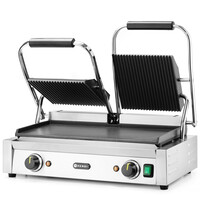 HENDI Contact-/Paninigrill | Dubbel | Glad/Gegroefd Oppervlak 475x230 (Gietijzer) | 30°C/300°C | 3.6kW (230V) | 570x370x210(h)mm 