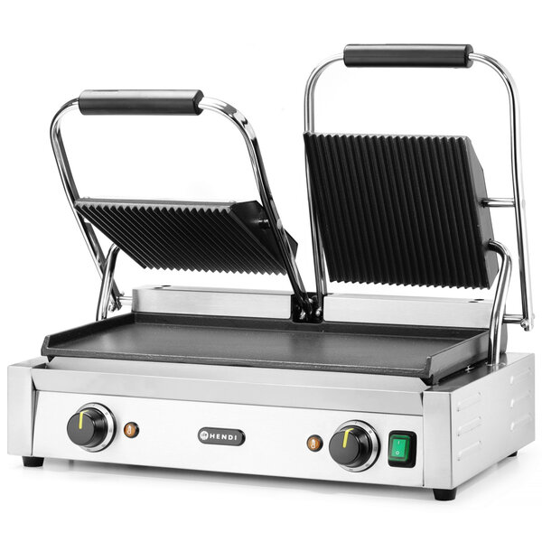 Contact-/Paninigrill | Dubbel | Glad/Gegroefd Oppervlak 475x230 (Gietijzer) | 30°C/300°C | 3.6kW (230V) | 570x370x210(h)mm
