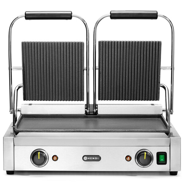 Contact-/Paninigrill | Dubbel | Glad/Gegroefd Oppervlak 475x230 (Gietijzer) | 30°C/300°C | 3.6kW (230V) | 570x370x210(h)mm