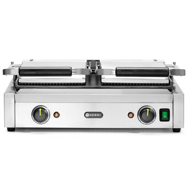 Contact-/Paninigrill | Dubbel | Glad/Gegroefd Oppervlak 475x230 (Gietijzer) | 30°C/300°C | 3.6kW (230V) | 570x370x210(h)mm