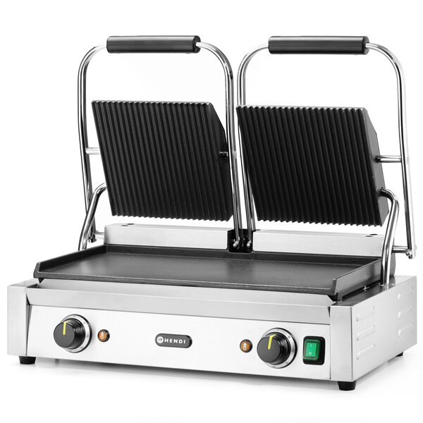 Contact-/Paninigrill | Dubbel | Glad/Gegroefd Oppervlak 475x230 (Gietijzer) | 30°C/300°C | 3.6kW (230V) | 570x370x210(h)mm