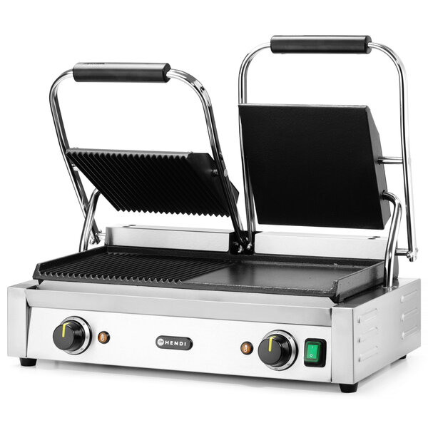 Contact-/Paninigrill | Dubbel | Glad/Gegroefd Oppervlak 475x230 (Gietijzer) | 30°C/300°C | 3.6kW (230V) | 570x370x210(h)mm