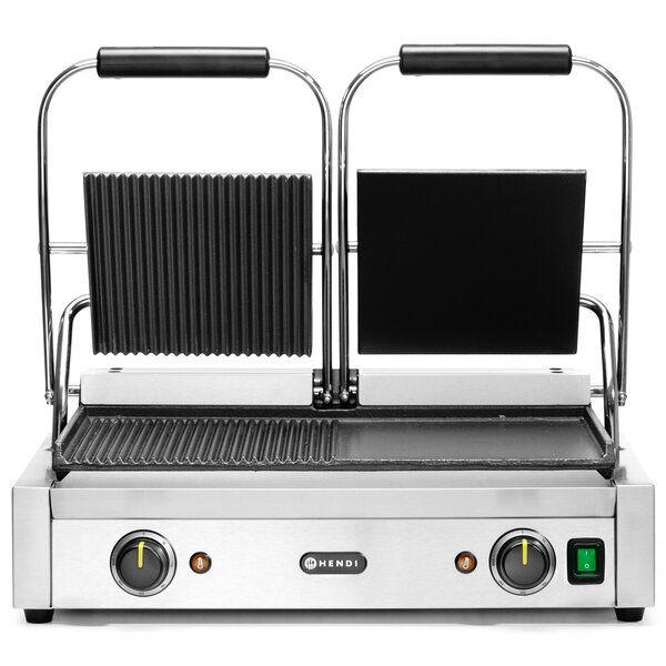 Contact-/Paninigrill | Dubbel | Glad/Gegroefd Oppervlak 475x230 (Gietijzer) | 30°C/300°C | 3.6kW (230V) | 570x370x210(h)mm