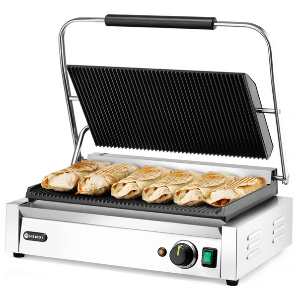 Contact-/Paninigrill | Enkel XL | Gegroefd Oppervlak 450x270 (Gietijzer) | 30°C/300°C | 2.7kW (230V) | 548x415x210(h)mm