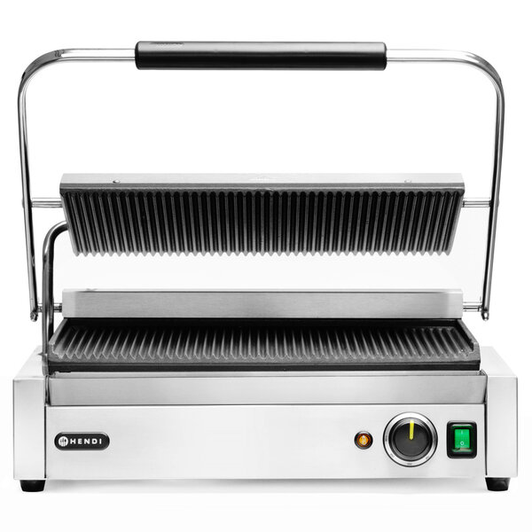 Contact-/Paninigrill | Enkel XL | Gegroefd Oppervlak 450x270 (Gietijzer) | 30°C/300°C | 2.7kW (230V) | 548x415x210(h)mm