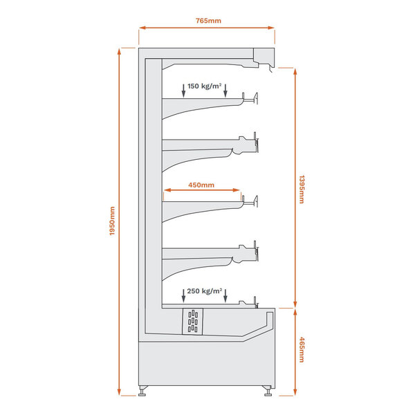 Wandkoeling | AERO | Energiezuinig | Div. Kleuren | -1°C/+5°C | Geforceerd | 5 Schappen | Intern Nachtgordijn | 1330x765x1950(h)mm