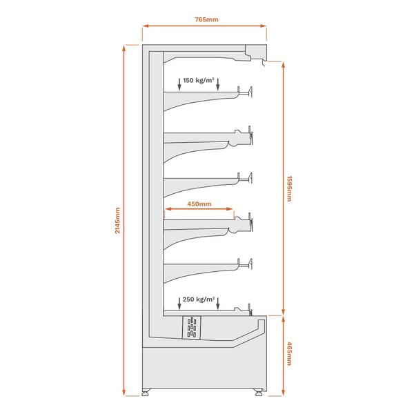 Wandkoeling | AERO | Energiezuinig | Div. Kleuren | -1°C/+5°C | Geforceerd | 6 Schappen | Intern Nachtgordijn | 2680x765x2145(h)mm