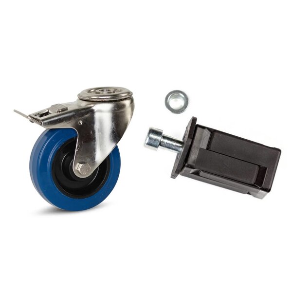 Elastisch rubber RVS zwenkwiel geremd met centraal gat | set van 4 waarvan 2 geremd | 100mm | 100kg