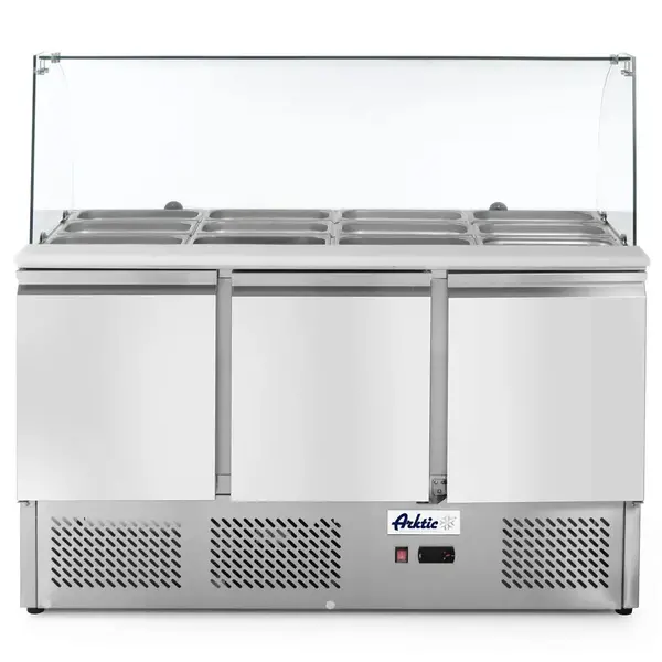 Saladette | KitchenLine | 380L | 3 Deuren (1/1 GN) | Boven 4x 1/1 GN | -2°C/+8°C | Geforceerd | Glasopzet + Snijblad | 1365x700x880/1300(h)mm