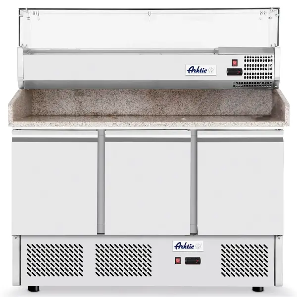 Pizzawerkbank + Opzetkoelvitrine | KitchenLine | 380L | 3 Deuren (1/1 GN) | Boven 6x 1/6 GN | -2°C/+8°C | Geforceerd | 0.4kW | 1365x700x880/1285(h)mm
