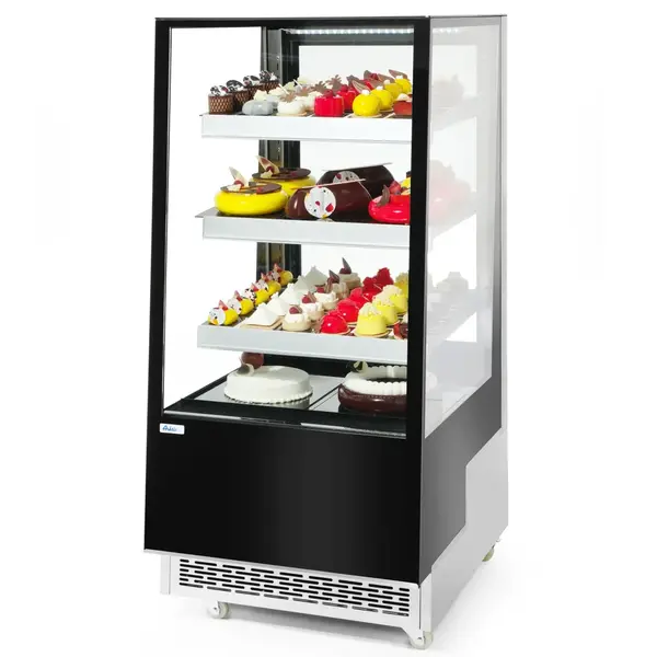 Koelvitrine | 300L | RVS/Zwart | 0°C/+6°C | Geforceerd | 4 Niveaus | Wielen (Geremd) | 650x805x1445(h)mm