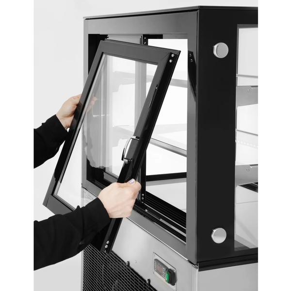Koelvitrine | 410L | RVS/Zwart | 0°C/+6°C | Geforceerd | 3 Niveaus | Wielen (Geremd) | 1215x675x1210(h)mm