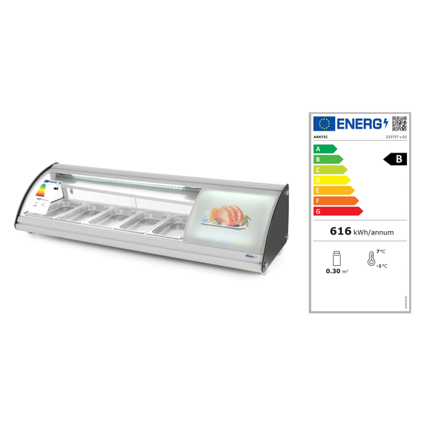 Sushivitrine | Wit/Zwart | 5x 1/3 GN | 0°C/+6°C | Statisch | Compressor Rechts | 1307x450x330(h)mm