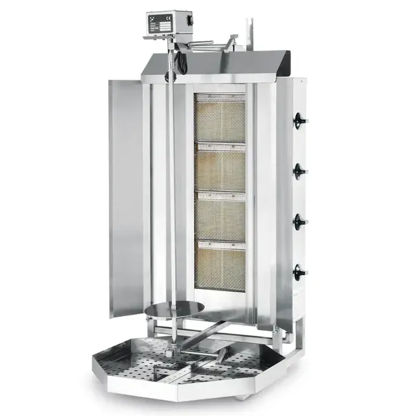 Gyros-/Dönergrill | Gas (4 Branders) | Max. 80kg | 12kW | 230V | Incl. Zijschermen | 470x550x1150(h)mm