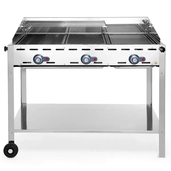 Barbecue | GreenFire | Propaangas | 2 Roosters + 1 Bakplaat (3x 1/1 GN) | 3 Branders | 17.4kW | Windkap | Wielen | 1078x612x825(h)mm