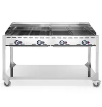 HENDI Barbecue | GreenFire | Propaangas | 2 Roosters + 2 Bakplaten (4x 1/1 GN) | 4 Branders | 22kW | Windkap | Wielen (Geremd) | 1400x612x825(h)mm 