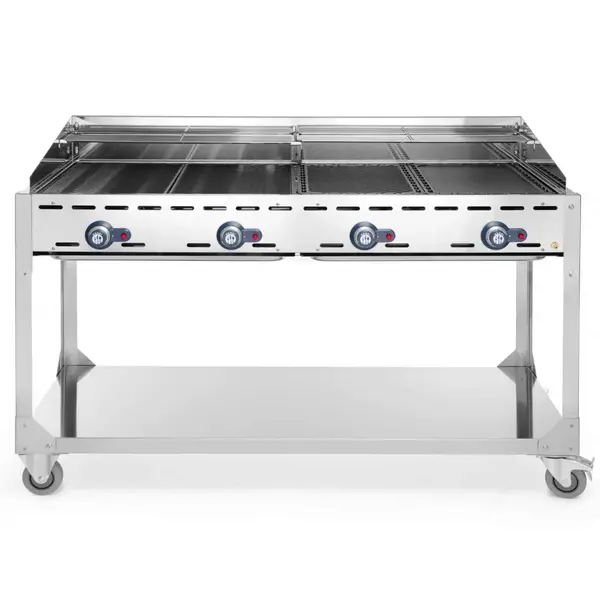 Barbecue | GreenFire | Propaangas | 2 Roosters + 2 Bakplaten (4x 1/1 GN) | 4 Branders | 22kW | Windkap | Wielen (Geremd) | 1400x612x825(h)mm
