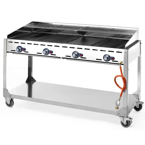 Barbecue | GreenFire | Propaangas | 2 Roosters + 2 Bakplaten (4x 1/1 GN) | 4 Branders | 22kW | Windkap | Wielen (Geremd) | 1400x612x825(h)mm