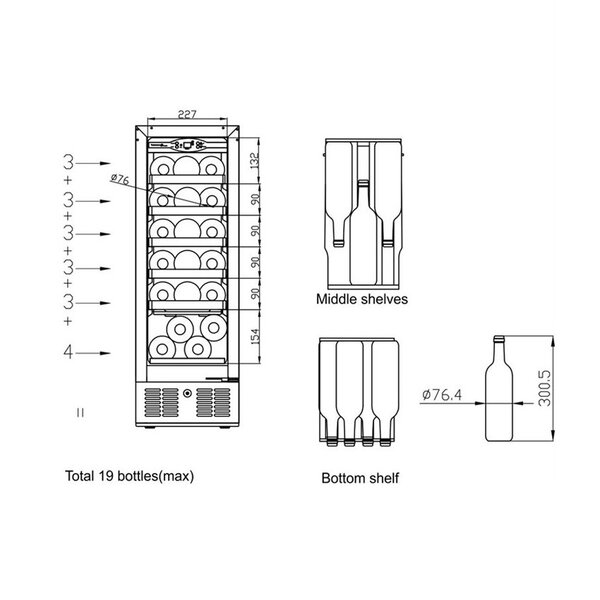 Wijnkoelkast | SERIE TFW | 80L (19x 75cl) | RVS | 1 Zone | +5°C/+18°C | Statisch + Ventilator | 295x570x860(h)mm